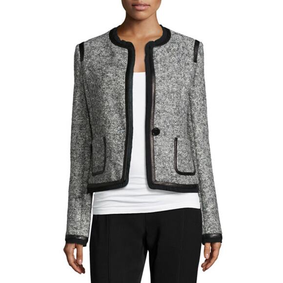Vince‎ Leather Trim Boucle Jacket, Gray - Picture 1 of 10